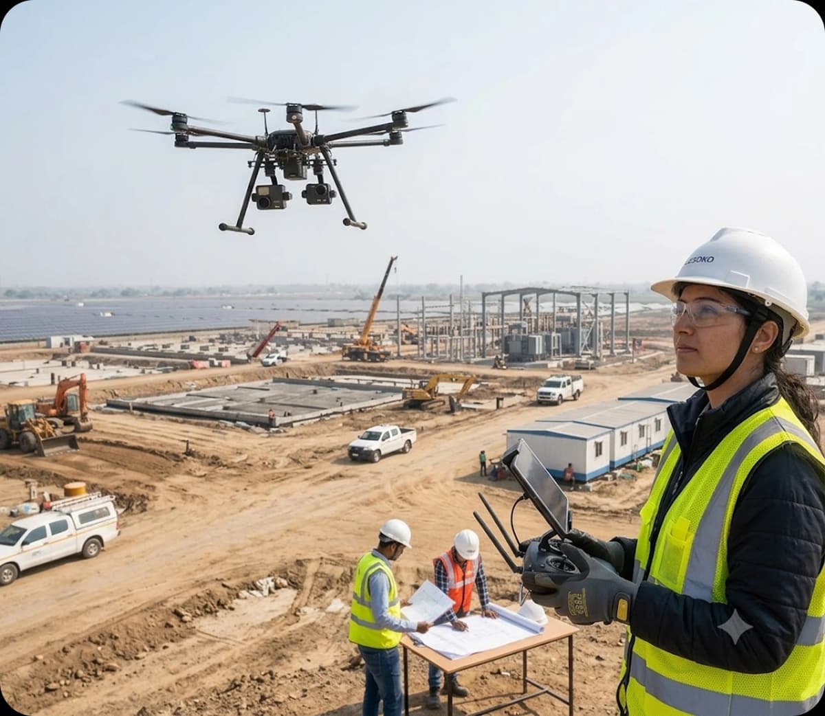 Drone flying over a construction site while a worker operates the drone and two workers review plans