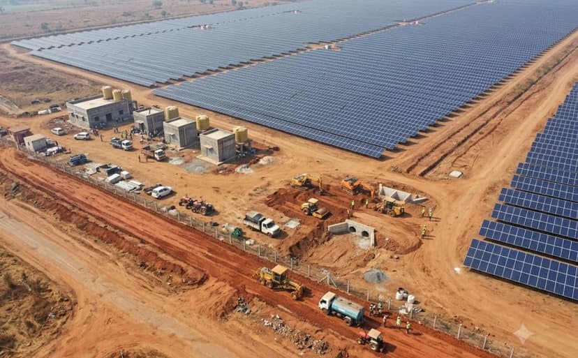 Aerial view of a solar plant under construction, with solar panels, earthmoving equipment and unfinished roads