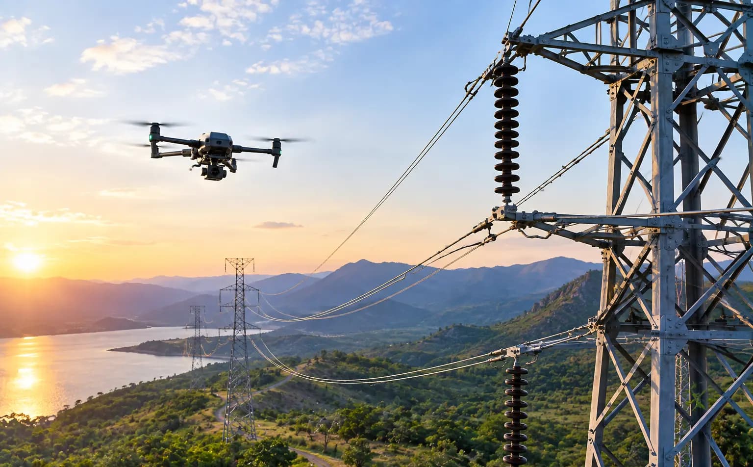 Drone inspecting a power tower and high-voltage power lines