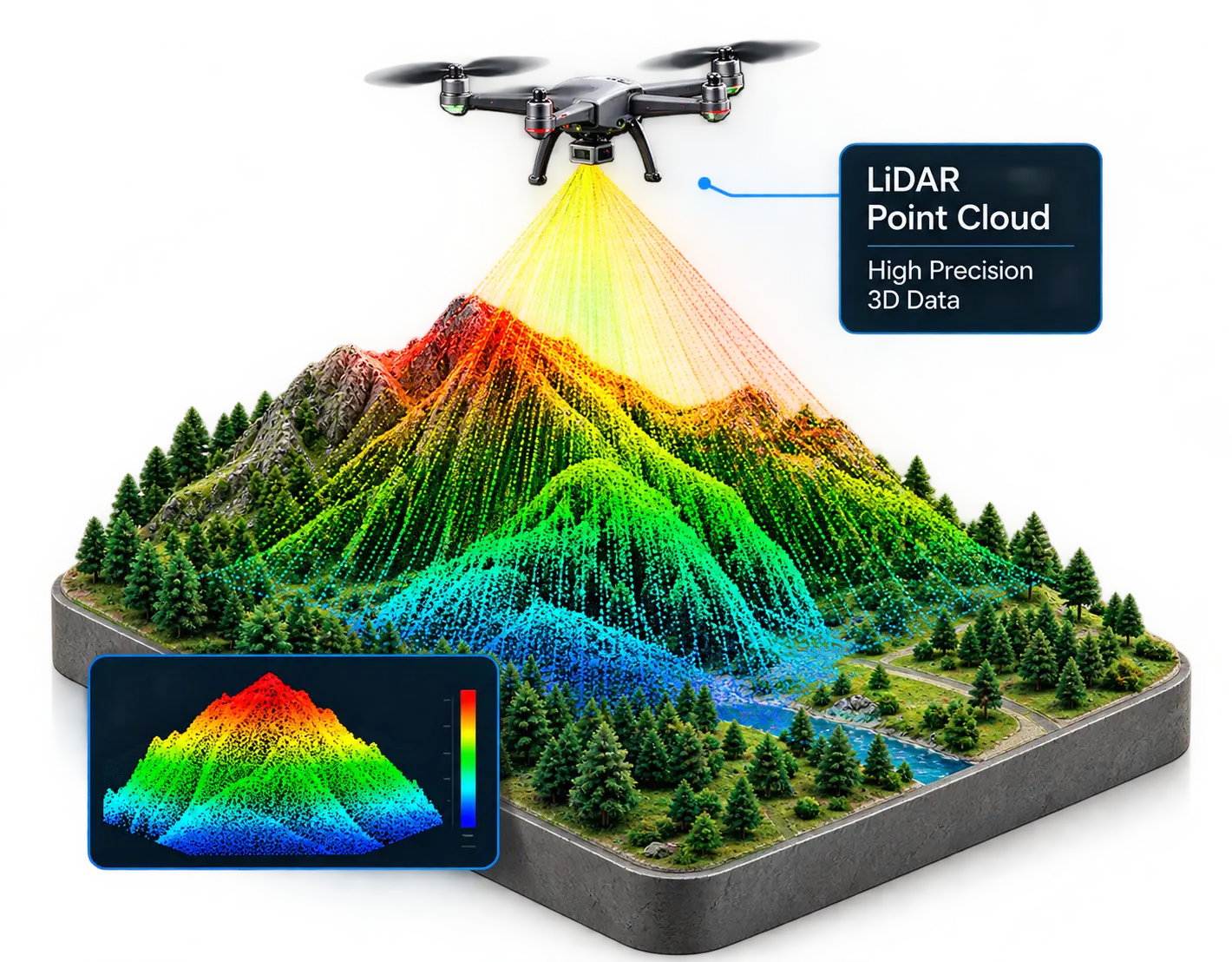 Drone-mounted LiDAR sensor capturing 3D terrain data