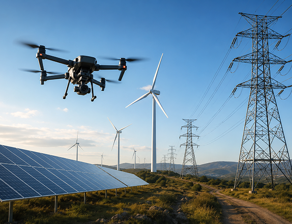 Drone in flight above a solar plant during an aerial inspection