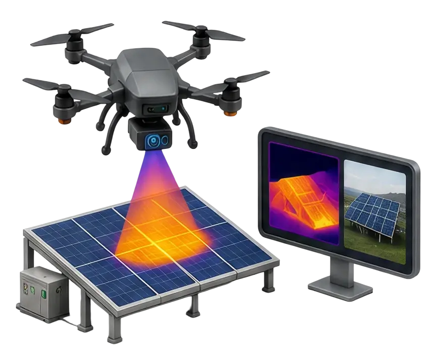 Drone with thermal camera inspecting rows of solar panels
