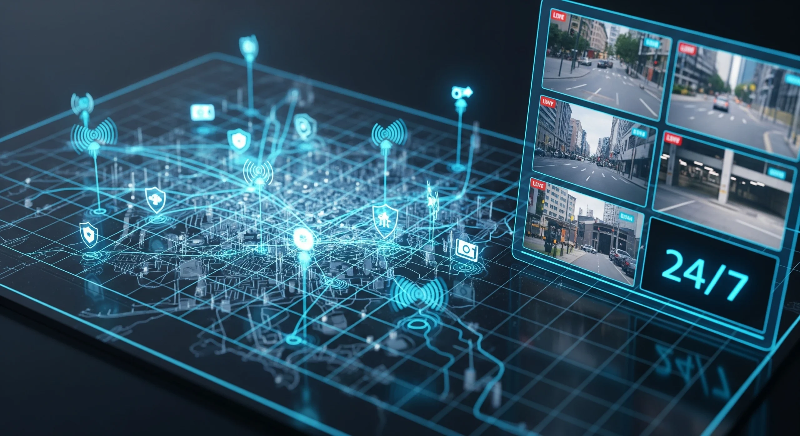 A tablet displaying a city map, highlighting 24/7 security and surveillance services by Lesoko.