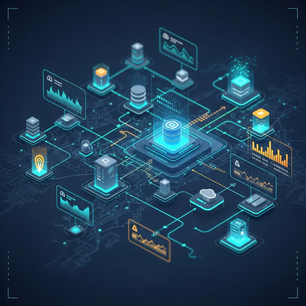 An illustration depicting a futuristic network focused on infrastructure monitoring and asset mapping solutions.