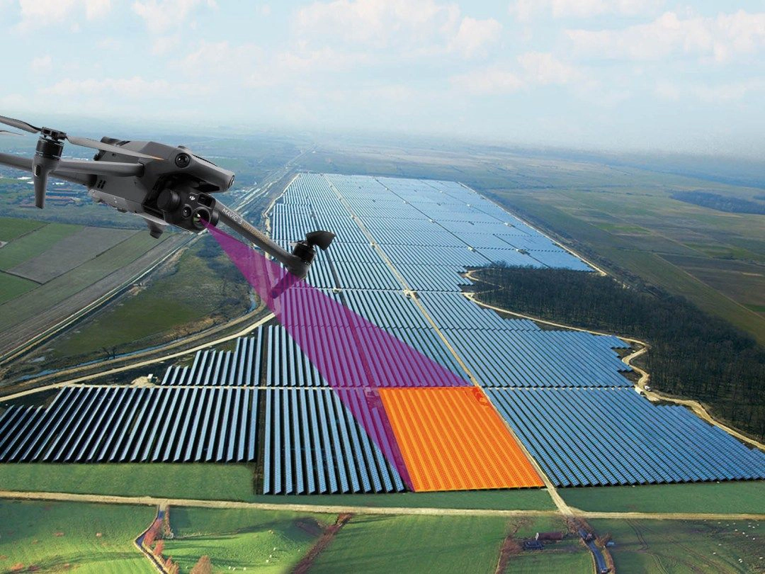 UAV drone conducting an aerial survey of a solar power plant for inspection, planning, and performance analysis