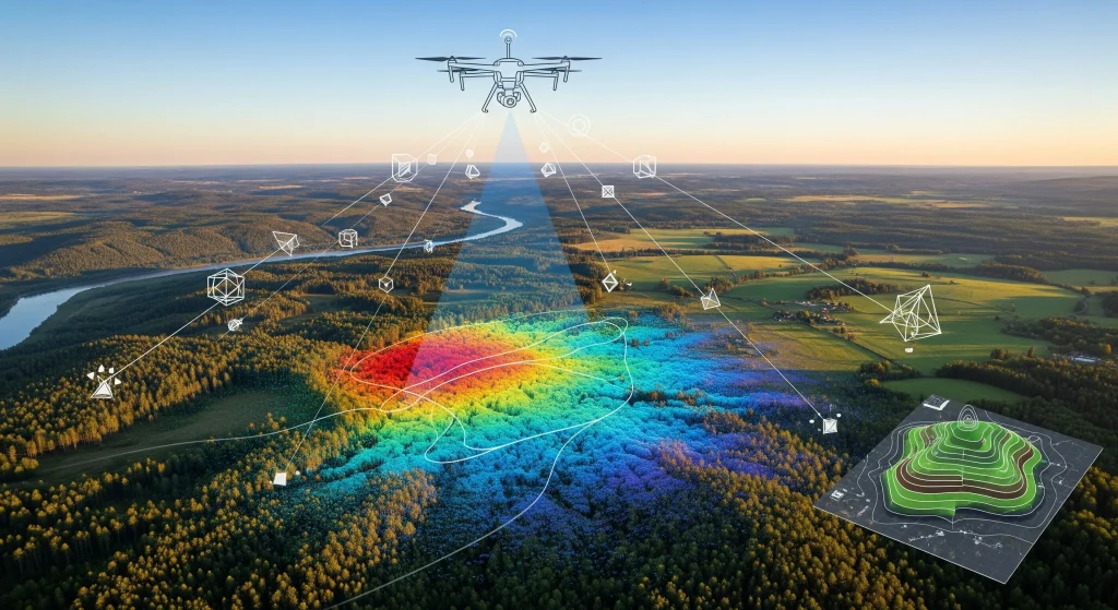 A drone flies over a forest, capturing a topographic and LiDAR survey map of the area below.
