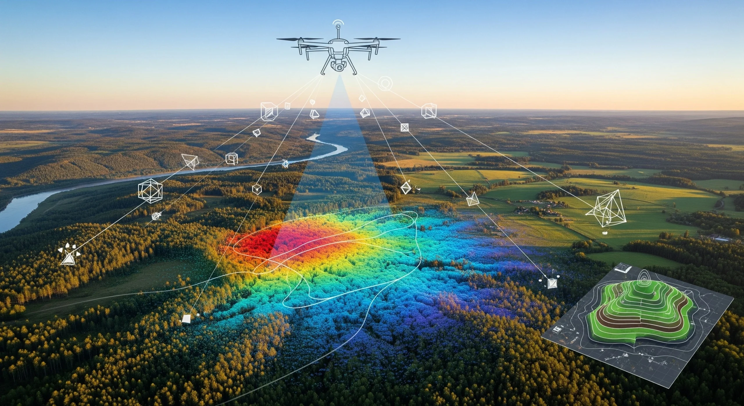 A drone flies over a forest, capturing a topographic and LiDAR survey map of the area below.