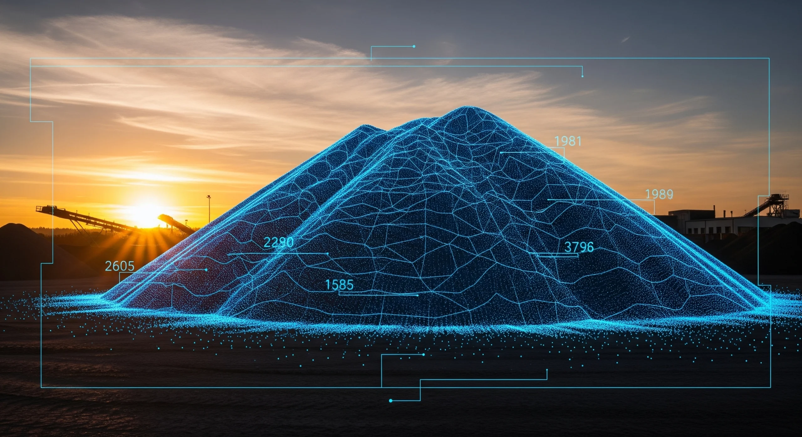 A mountain featuring a blue line, illustrating volumetric and stockpile analysis techniques.