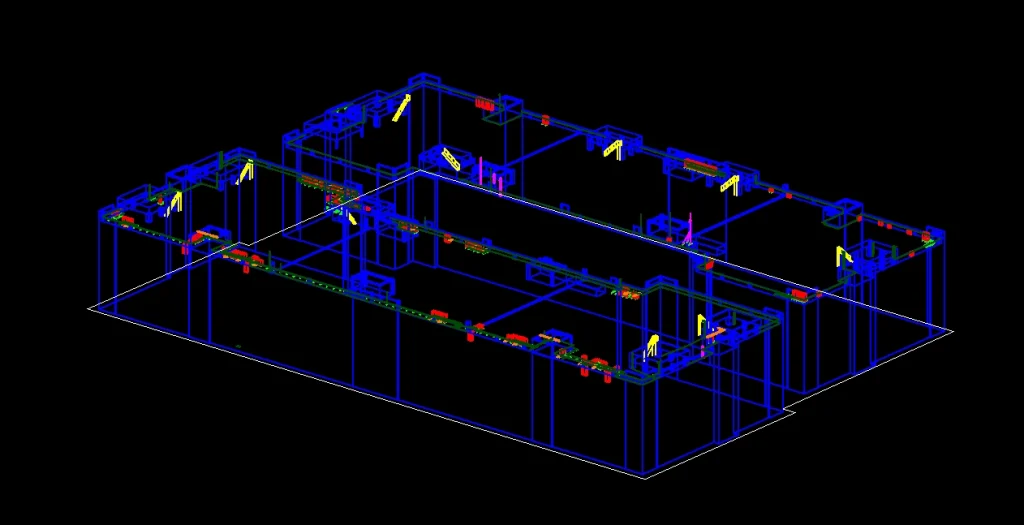 2D and 3D drawings of solar panels installed on a rooftop, showing layout and design of a solar system.