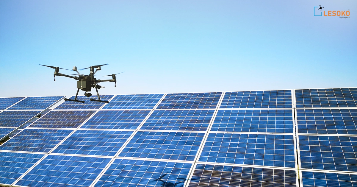 Aerial drone monitoring solar panels for maintenance and performance