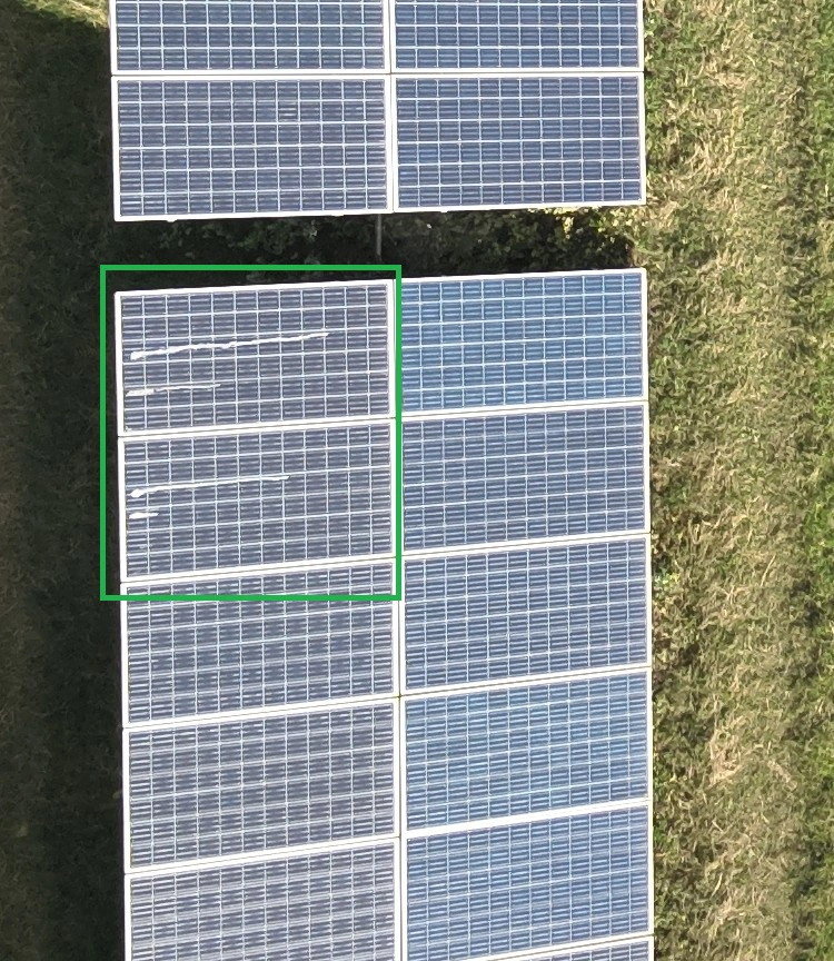 Close-up of a solar panel with bird droppings on its surface, showing dirt accumulation that can block sunlight and lower solar energy output.