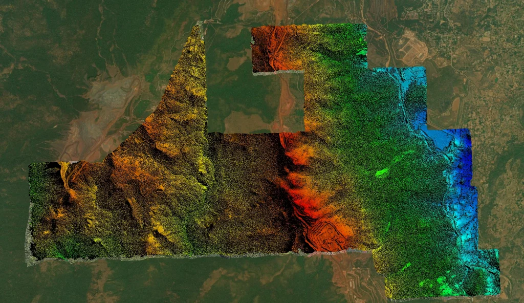 Digital elevation model of a rooftop with solar panels, showing height variations using a color gradient to represent different elevation levels across the roof surface.