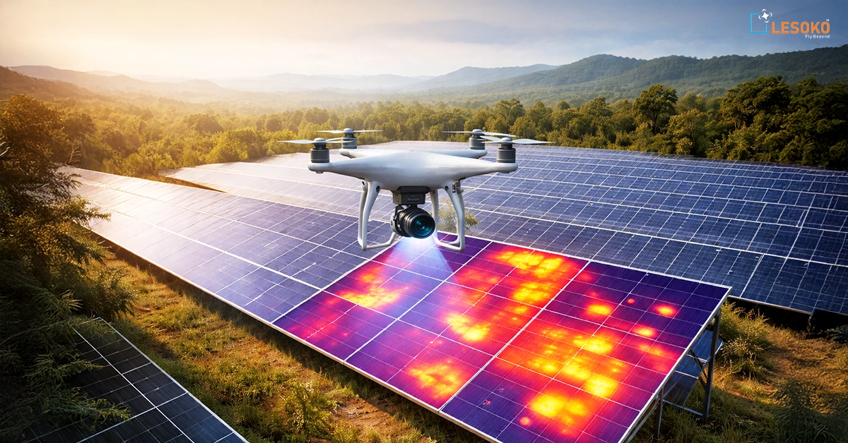 A drone flying over a large array of solar panels, capturing data for Solar Panel inspections and maintenance purposes