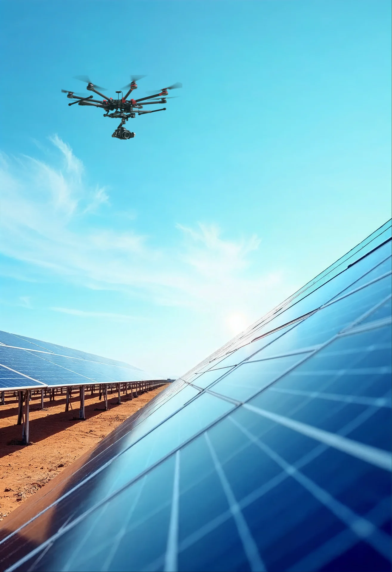 Drone flying over a ground-mounted solar panel installation to conduct an aerial survey.