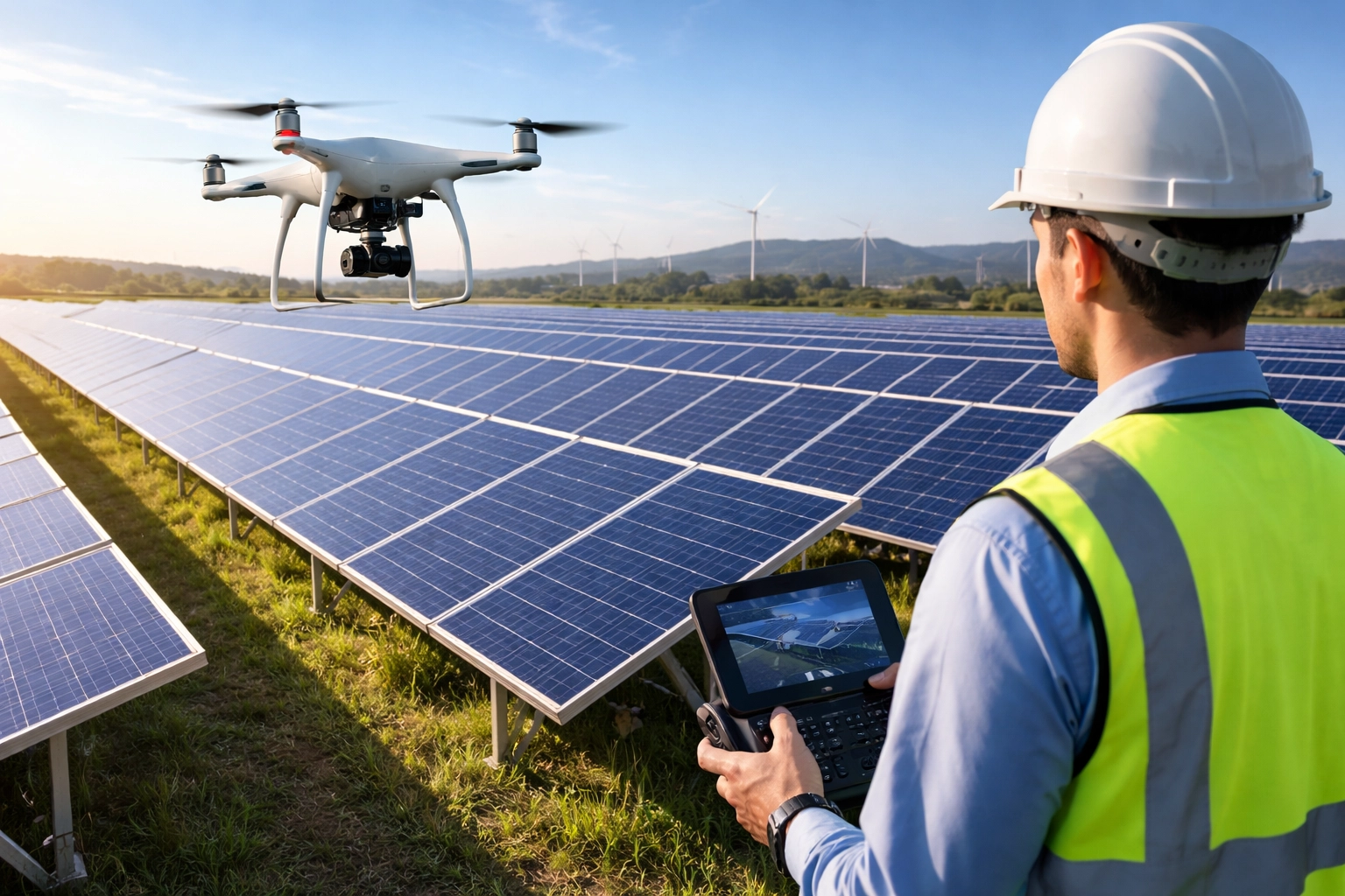 Technician inspecting solar panels for maintenance and performance checks