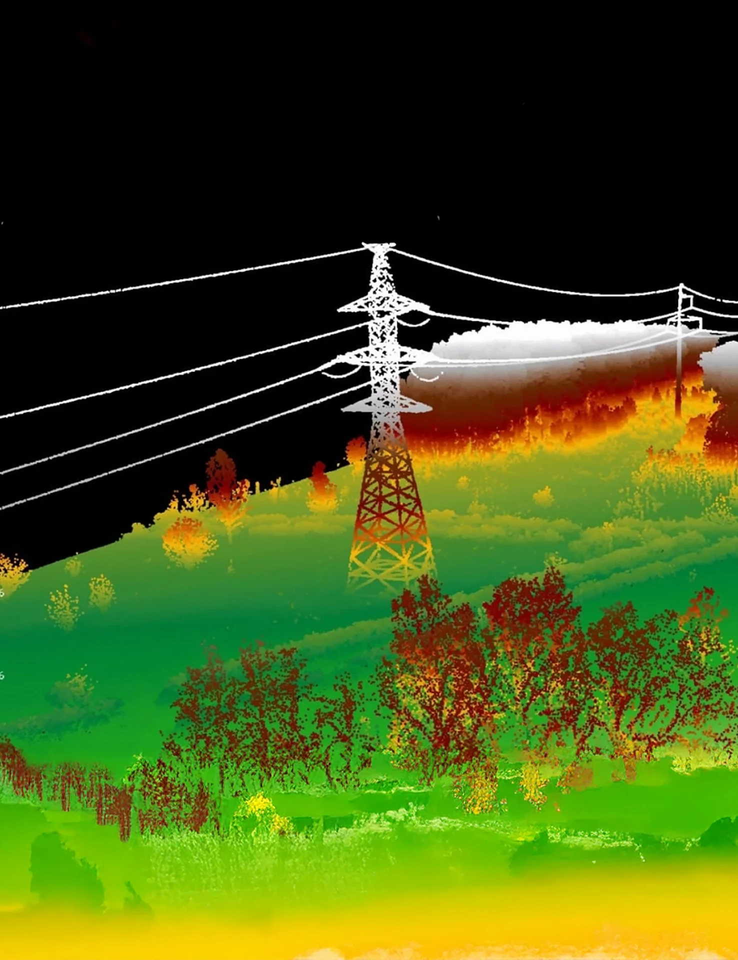 Drone performing LiDAR survey over transmission lines, capturing 3D mapping data for inspection and monitoring.