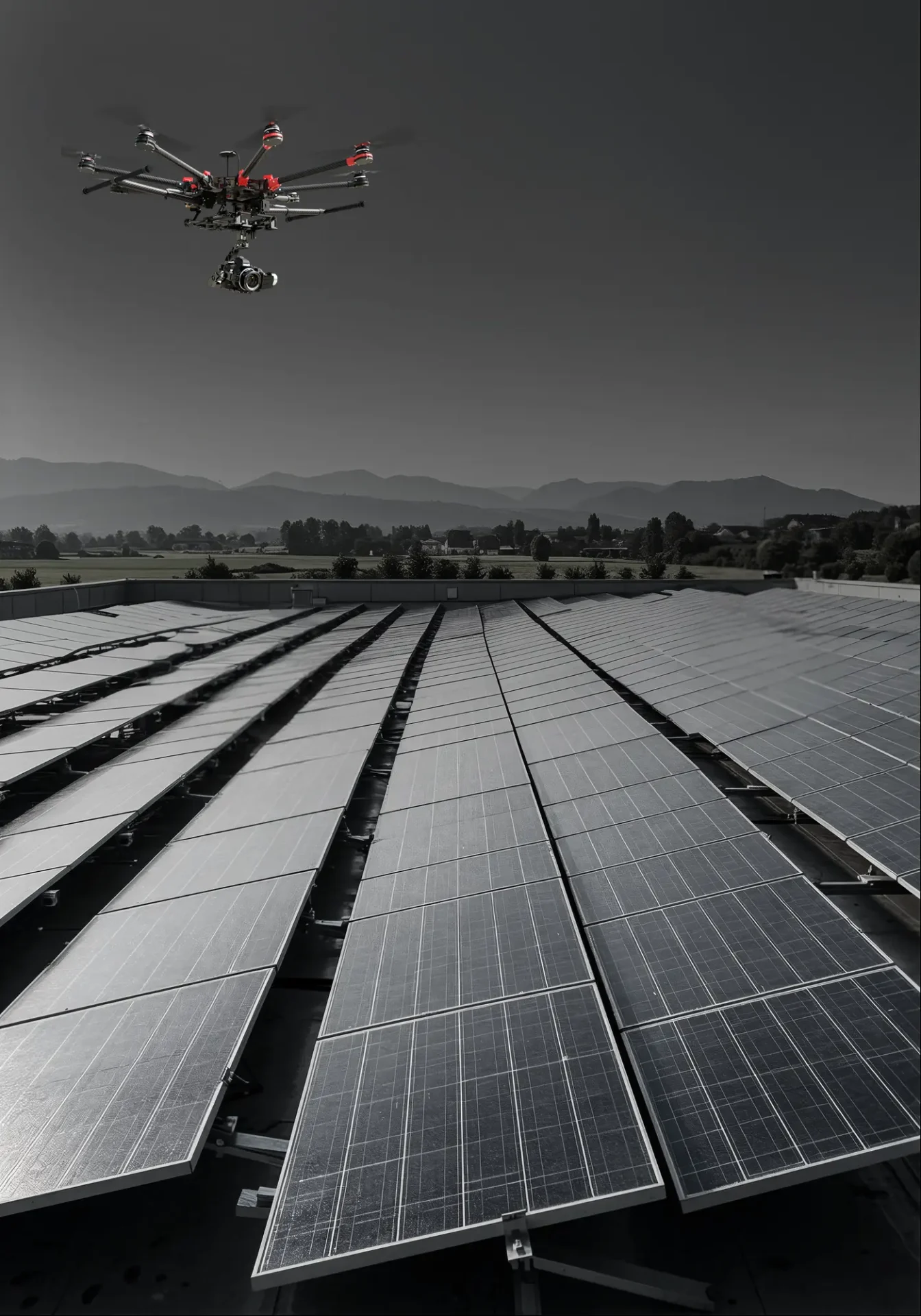 Drone performing night surveillance over a solar power plant using imaging technology.