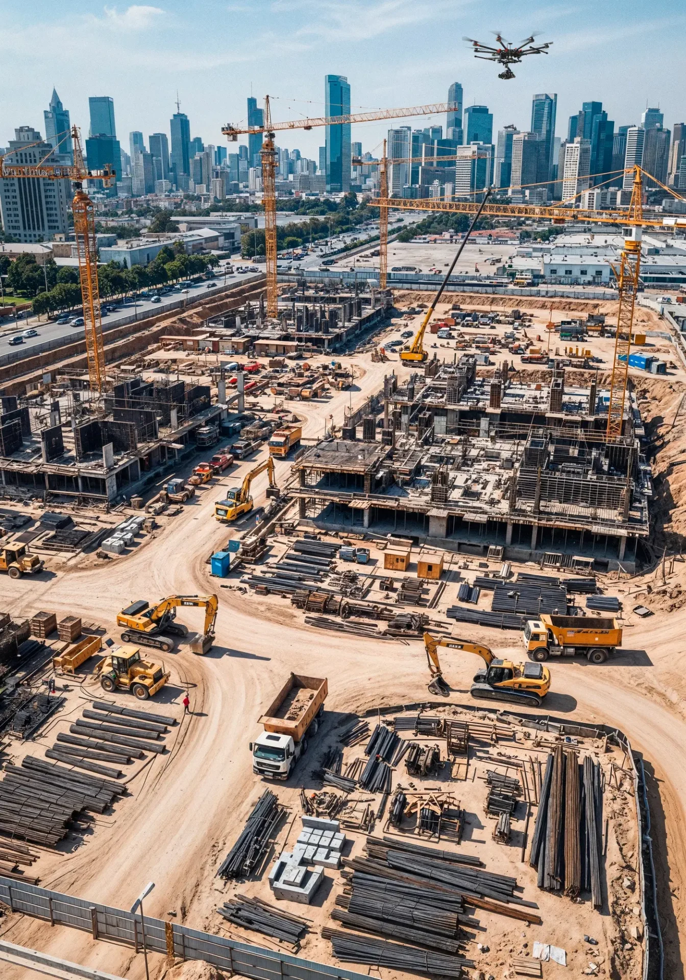 Drone capturing aerial imagery for monitoring and managing large-scale infrastructure construction projects.