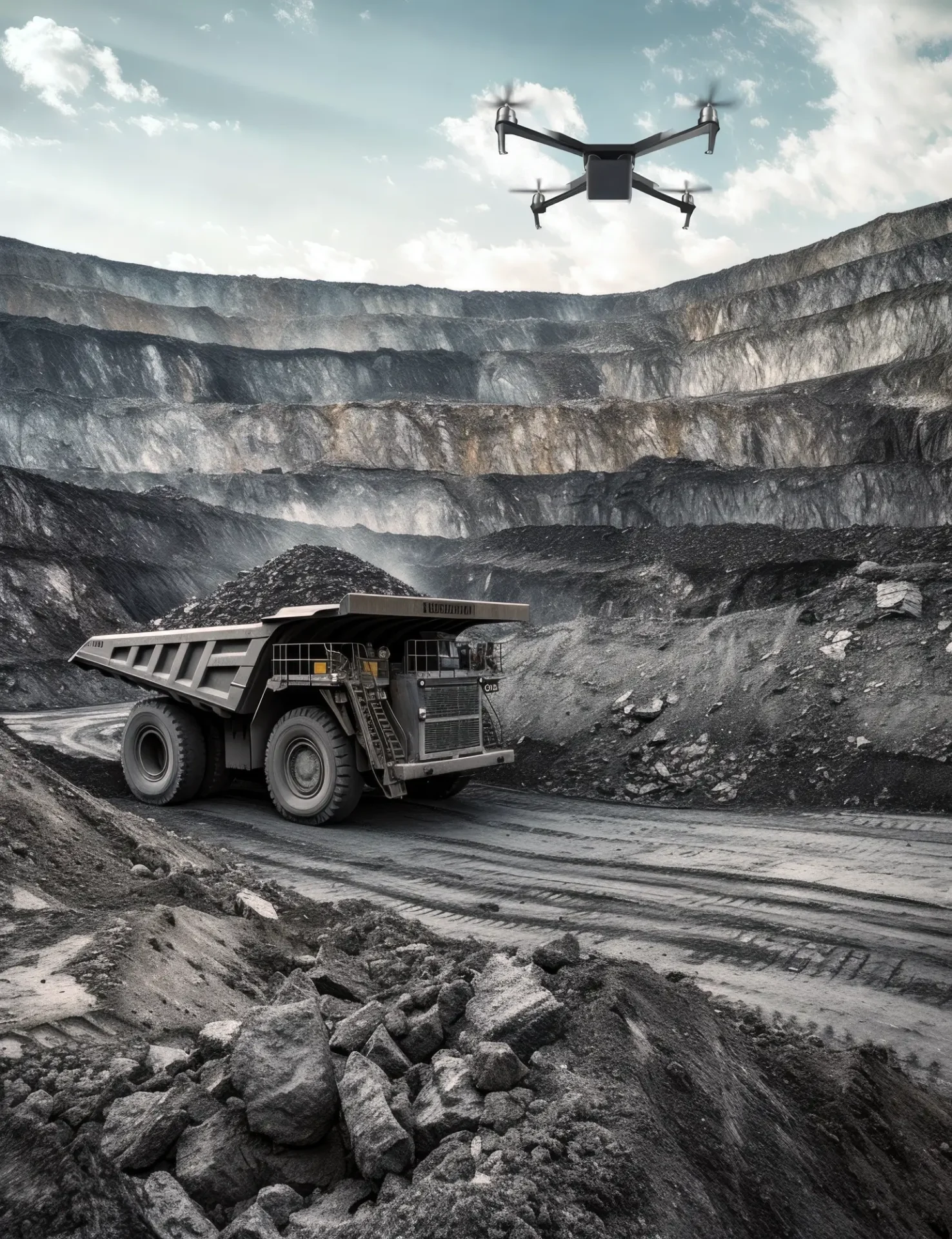 Drone flying over a mining site to monitor excavation progress and site conditions.
