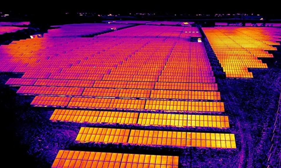 Infrared thermal image of a solar PV module showing heat distribution and potential hotspots.