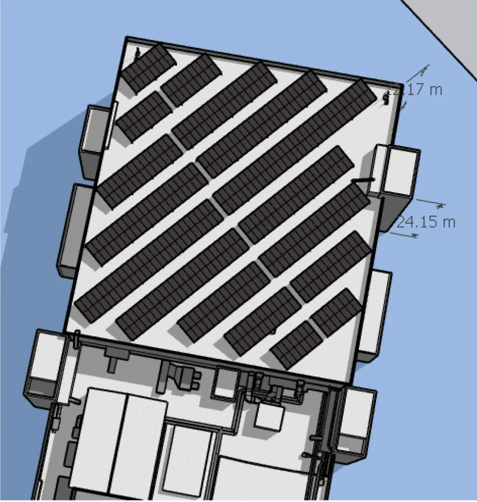 Solar rooftop panel with shadows affecting sunlight.