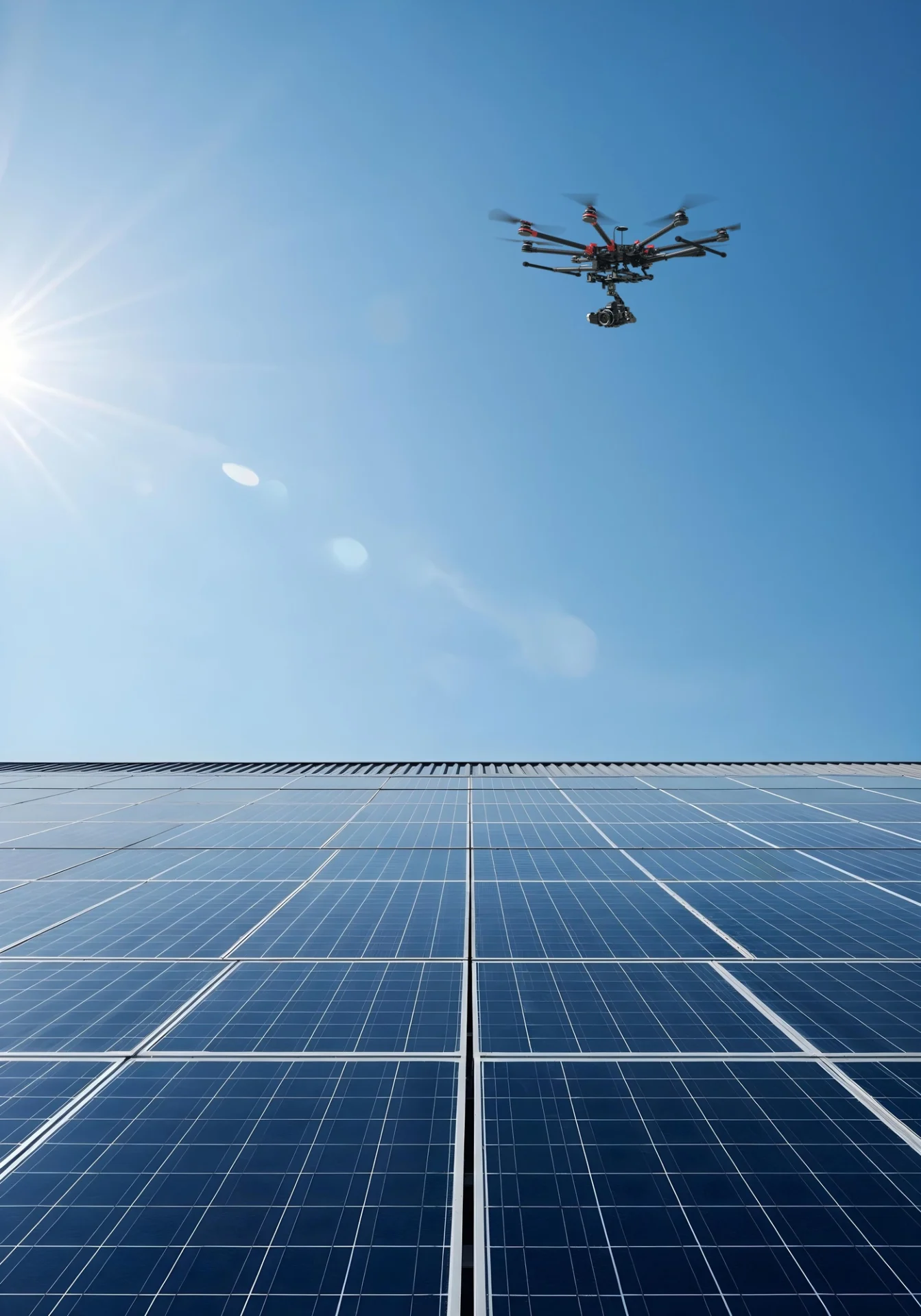 Drone flying above buildings to survey rooftops for solar energy installation assessment.
