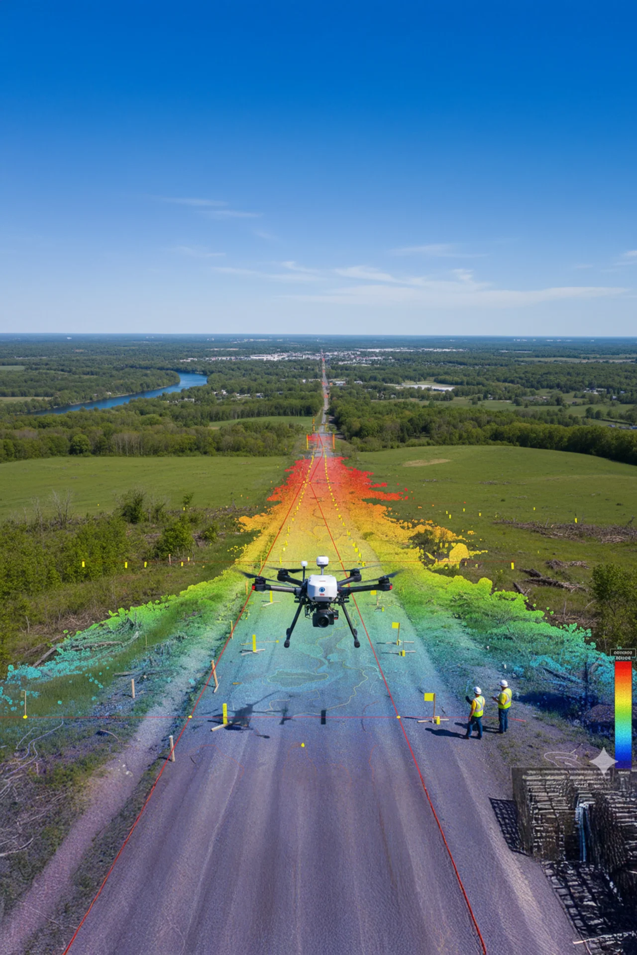 Drone conducting aerial survey over terrain for transmission line route alignment, capturing high-resolution imagery and GPS data