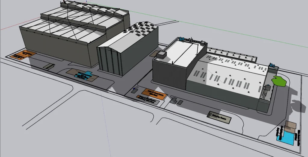 3D SketchUp model of a building rooftop with solar panels installed.