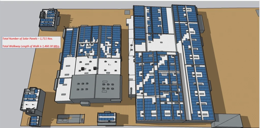 3D SketchUp model of rooftops with solar panels installed.