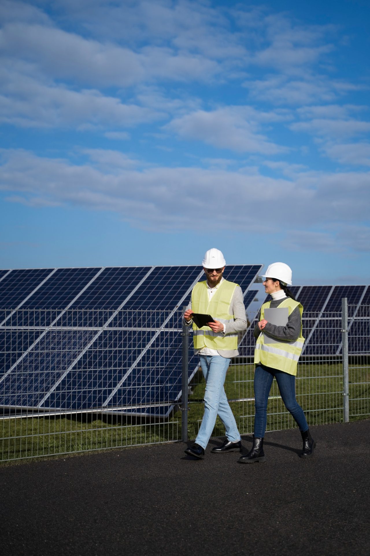 Drone flying over a solar panel array performing aerial inspection and maintenance assessment.