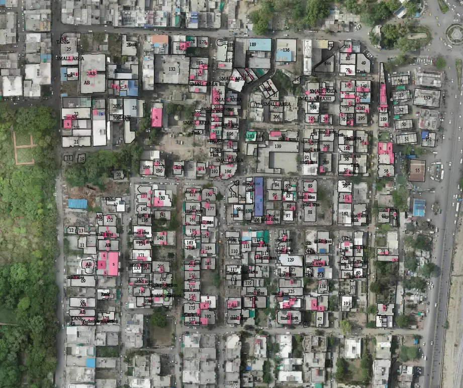 Drone conducting aerial survey and mapping for infrastructure planning over a construction site.