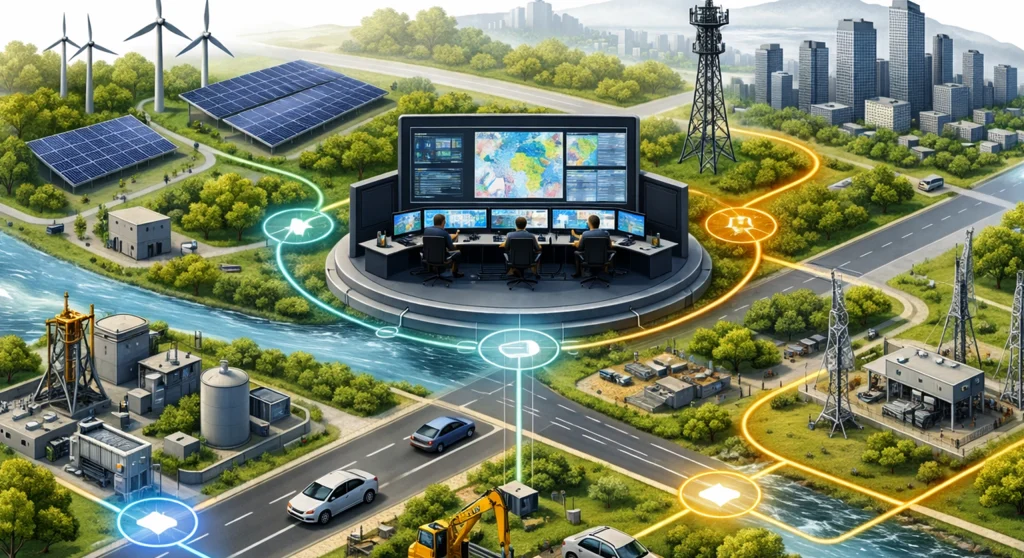 Digital infrastructure monitoring dashboard with asset mapping, network visualization, and operational analytics.