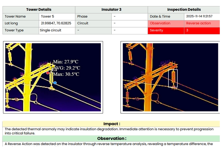 Reverse Thermal Variation in Transmission Line Insulators – Severity Level 3 showing uneven heating in high voltage power line insulator.