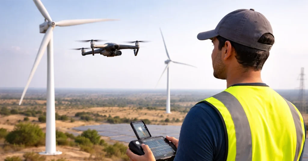 A drone operator wearing a high-visibility safety vest and cap remotely piloting a drone near wind turbines and a solar farm for industrial inspection in Tamil Nadu, India