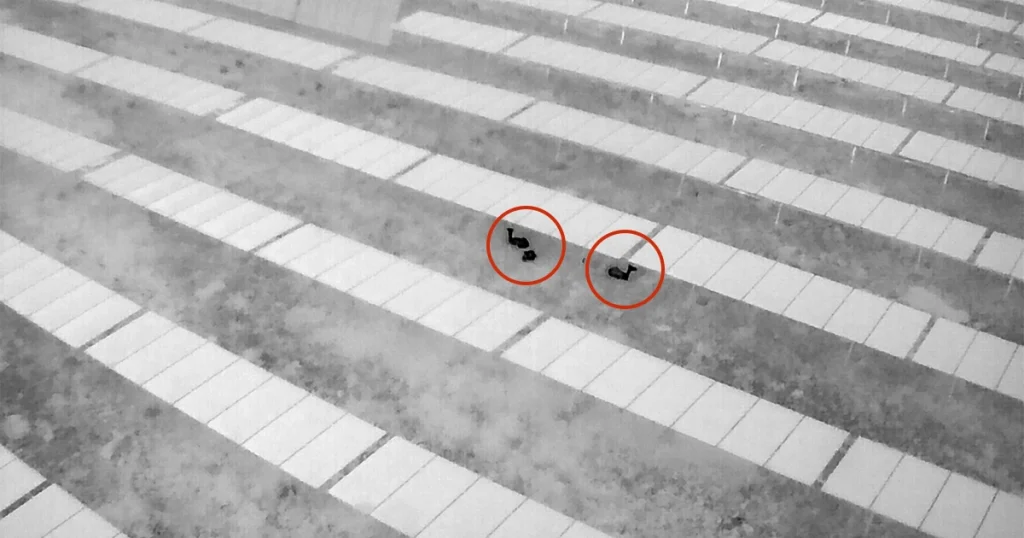 Aerial drone surveillance image showing two intruders circled between solar panel rows at night — Lesoko night security monitoring