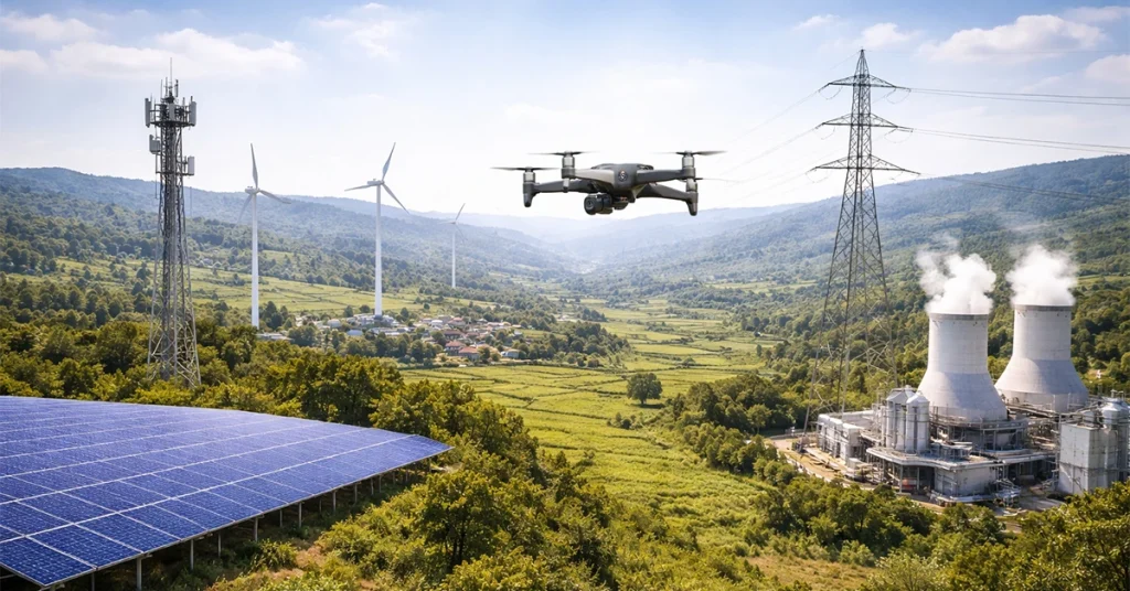 Drone inspection across energy sectors in India — UAV flying over solar panels, wind turbines, telecom tower, and power plant
