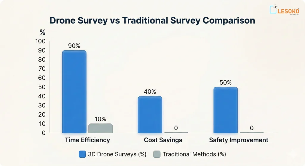 Drone survey vs traditional survey comparison chart showing 3D drone surveys outperforming traditional land surveying in time efficiency (90% vs 10%), cost savings (40% vs 0%), and safety improvement (50% vs 0%)