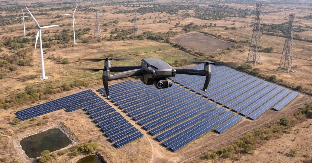 Industrial drone equipped with thermal camera flying over a large solar panel farm in Tamil Nadu, with wind turbines and high-voltage transmission towers visible in the background