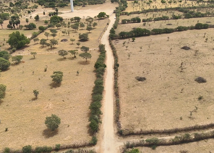 Drone aerial survey of a wind farm access road corridor, used for WTG component transport route planning in India