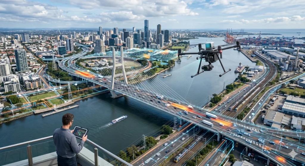 A man on a rooftop controls a professional mapping drone hovering above a busy cable-stayed bridge and river crossing, with glowing digital network overlays representing smart infrastructure monitoring and asset mapping across a city skyline and port.