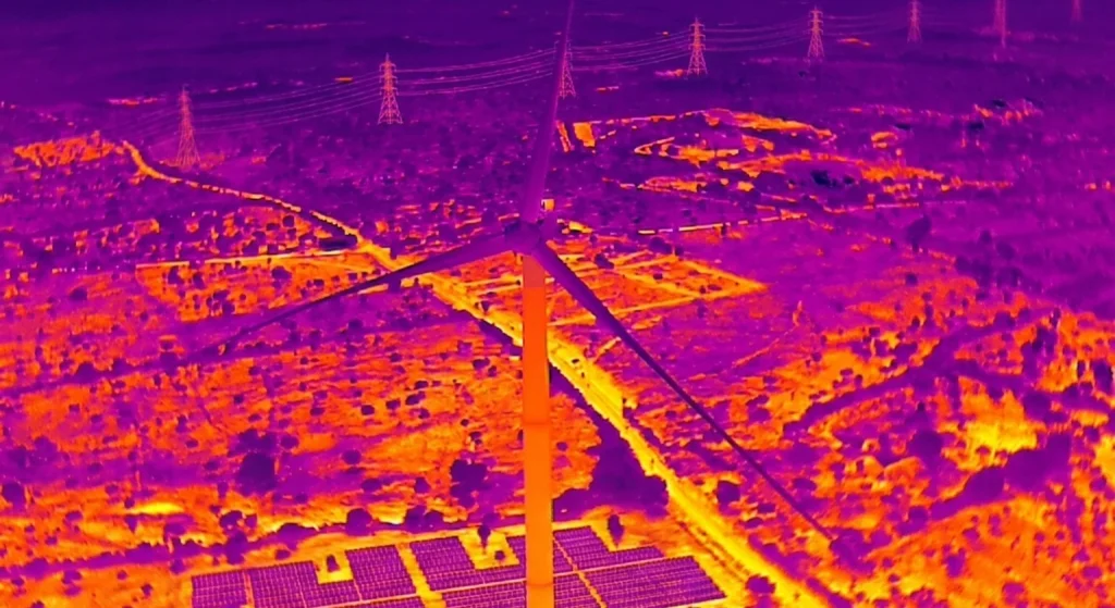 False-color aerial thermal image showing a wind turbine surrounded by solar panel arrays and high-voltage transmission towers, with orange and purple heat gradients indicating temperature variation for anomaly detection.