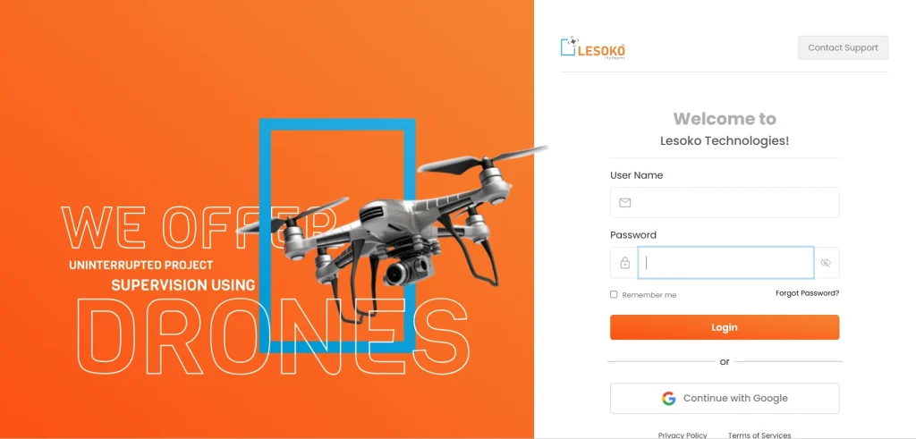 Lesoko Technologies login screen – user name and password fields with “Continue with Google” option for drone solar survey platform access