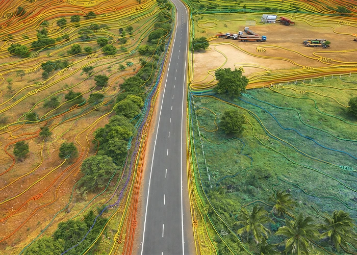 GIS-overlaid topographical contour map generated from drone survey data for wind farm terrain analysis in India