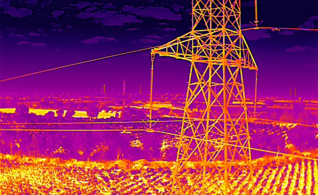 Thermal infrared drone image of an extra-high-voltage transmission tower in an urban transmission corridor in India, highlighting conductor positions, vegetation encroachment risk zones, and thermal variance across tower components.