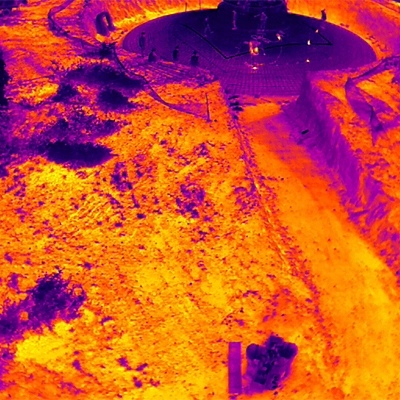 Thermal UAV imaging of a wind turbine foundation construction site, used for ground condition and compaction analysis in India