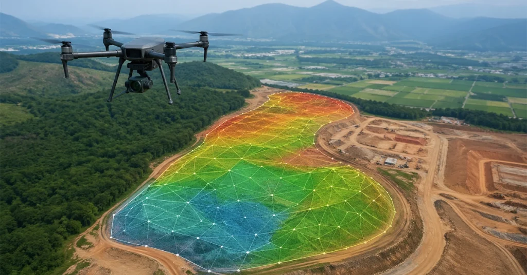 Drone land survey over hilly terrain in India showing 3D topographic mapping with triangulated mesh and elevation colour gradient
