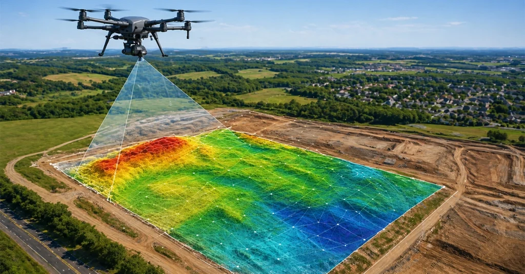 Aerial land survey drone flying over an Indian highway corridor for road infrastructure mapping and topographic survey