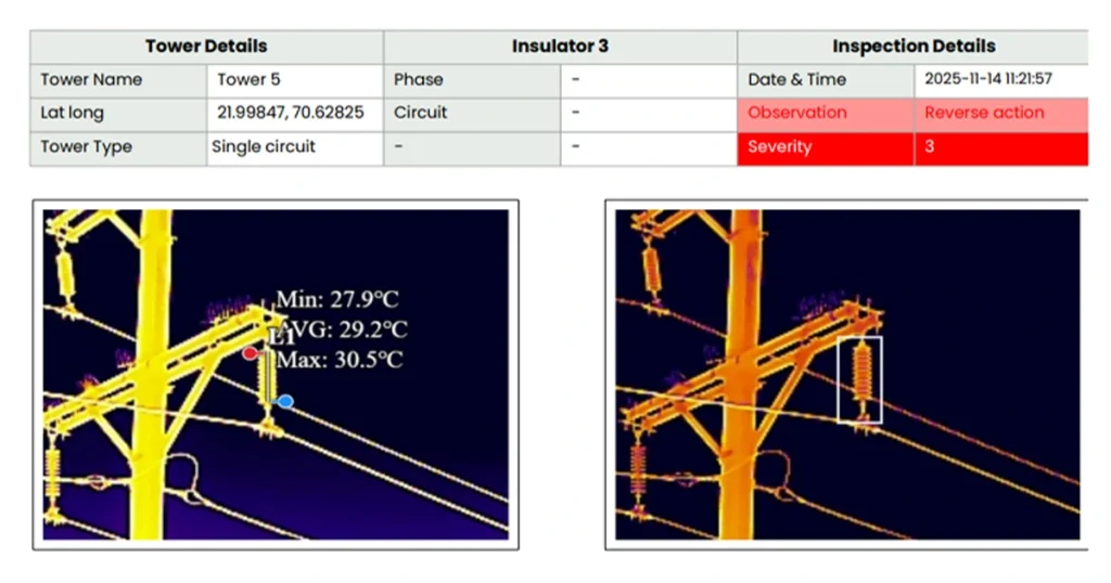 Lesoko thermal imaging inspection report showing Severity 3 insulator defect on transmission tower with temperature readings min 27.9 max 30.5 degrees single circuit line India