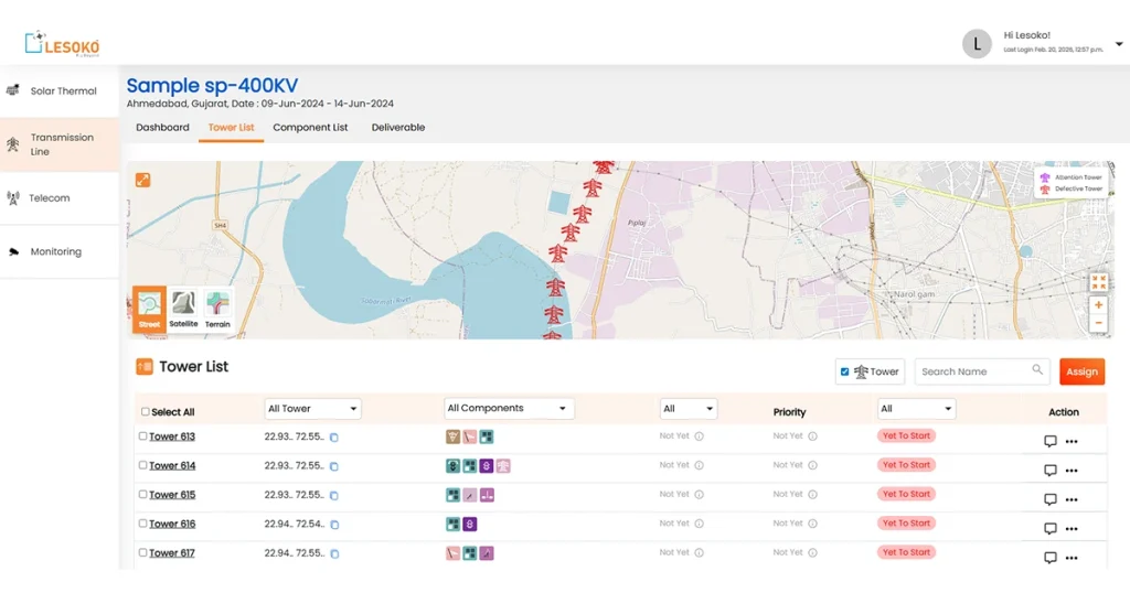 Lesoko transmission line inspection platform showing GPS-mapped tower list for 400KV line in Ahmedabad Gujarat India