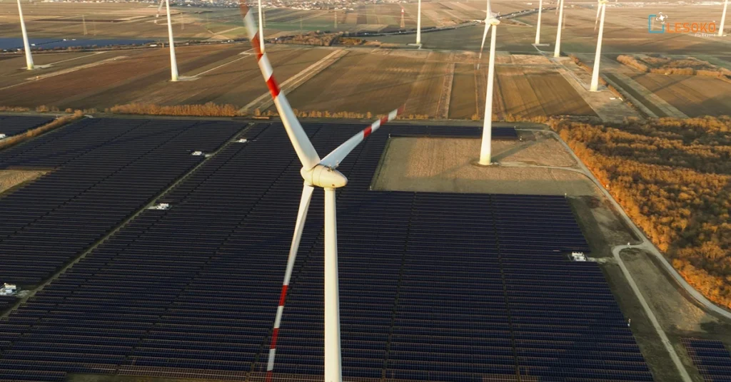 Unmanned Aerial Vehicle: India's Industries Actually Need 2 unmanned aerial vehicle view of solar panels and wind turbines at a renewable energy site in India
